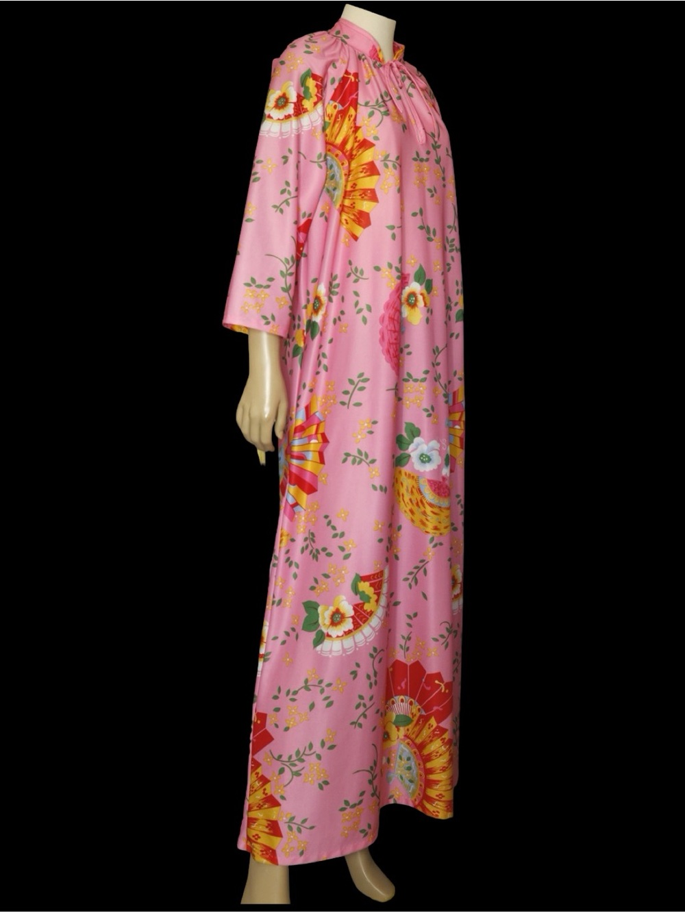 1970s Pink Japanese Fan Floral Housedress Maxi Robe Kaftan Tie Neck Vintage - Picture 10 of 14